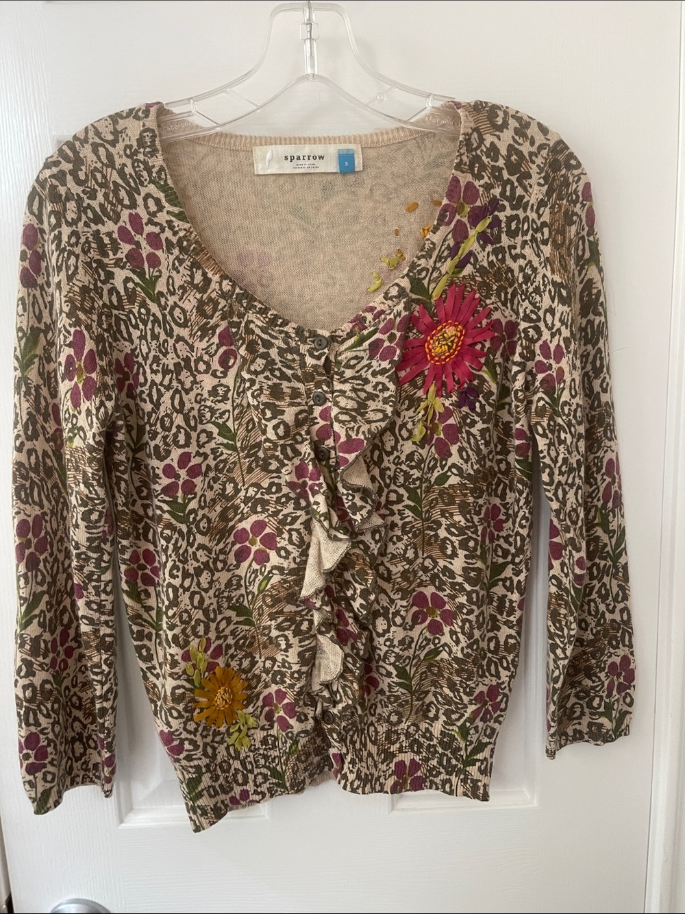 sparrow Beige Floral Ruffle Cardigan with Embroidered Pink & Yellow Blooms